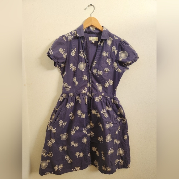 Porridge Anthropologie Shirt Dress Cotton Two Wheeler Bicycle Blue White Size 4 - Picture 1 of 13